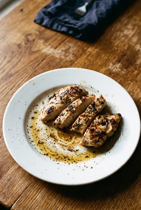 Chicken breast, about 100 g, on a white plate