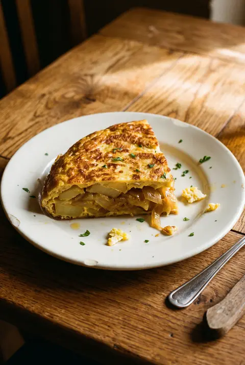 A thick slice of Spanish omelette showing soft potato and onion layers on a white plate