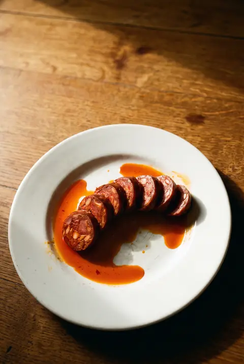 A portion of sliced chorizo on a white plate