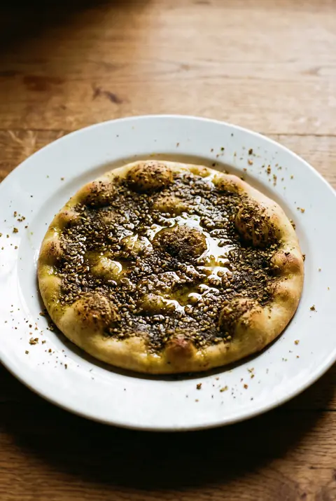 A round manakish flatbread with zaatar and olive oil on a white plate