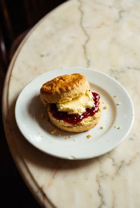 A scone split open with strawberry jam and clotted cream on a white plate