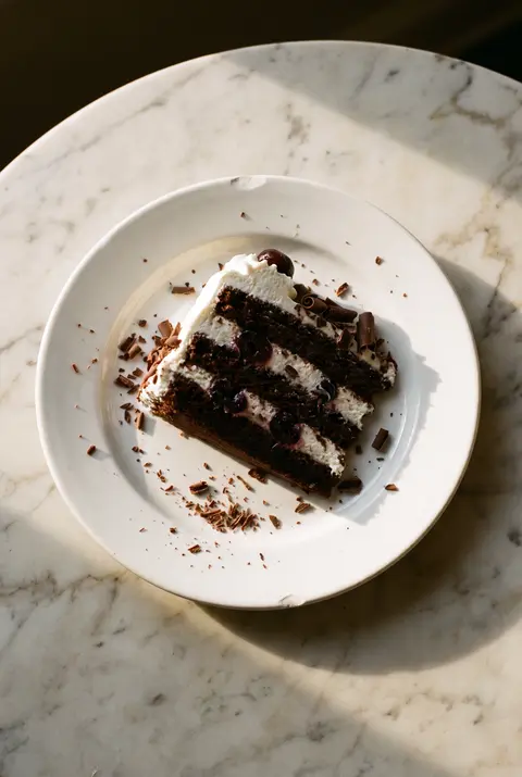 A slice of Black Forest cake with chocolate sponge on a white plate