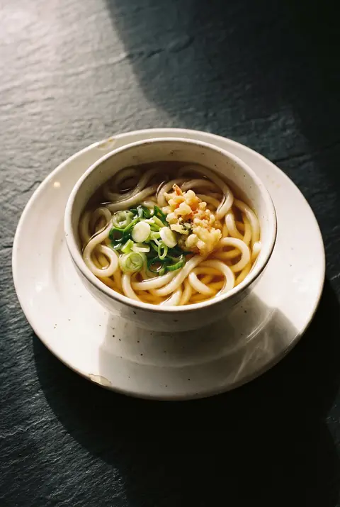A white porcelain bowl of udon noodle soup with thick noodles on a white plate