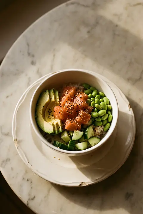 A white porcelain bowl of poke with rice on a white plate