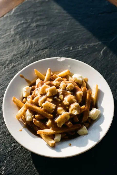 A portion of poutine on a white plate