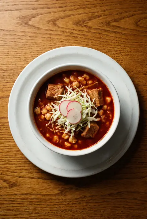 A white porcelain bowl of red pozole with hominy on a white plate