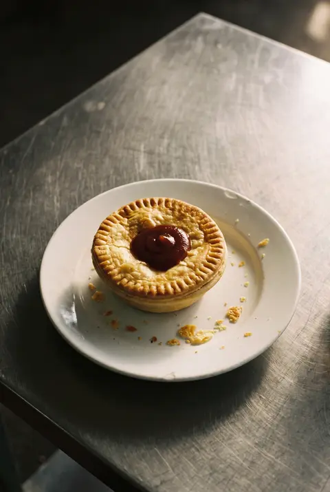 A Australian meat pie with a golden pastry lid and a little tomato sauce on a white plate