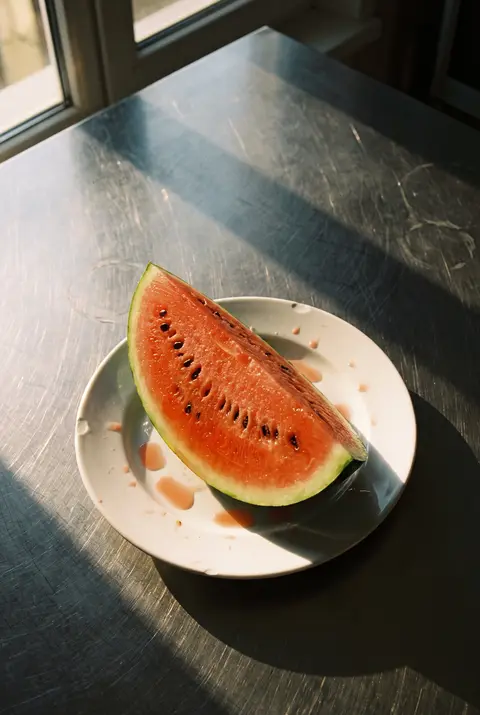 A big triangular slice of watermelon with black seeds on a white plate